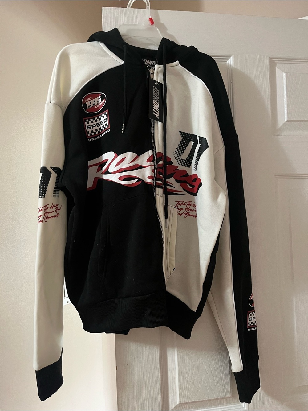 NWT Men’s Small Racing Graphic Zip-Up Hoodie - Black, White & Red Accents